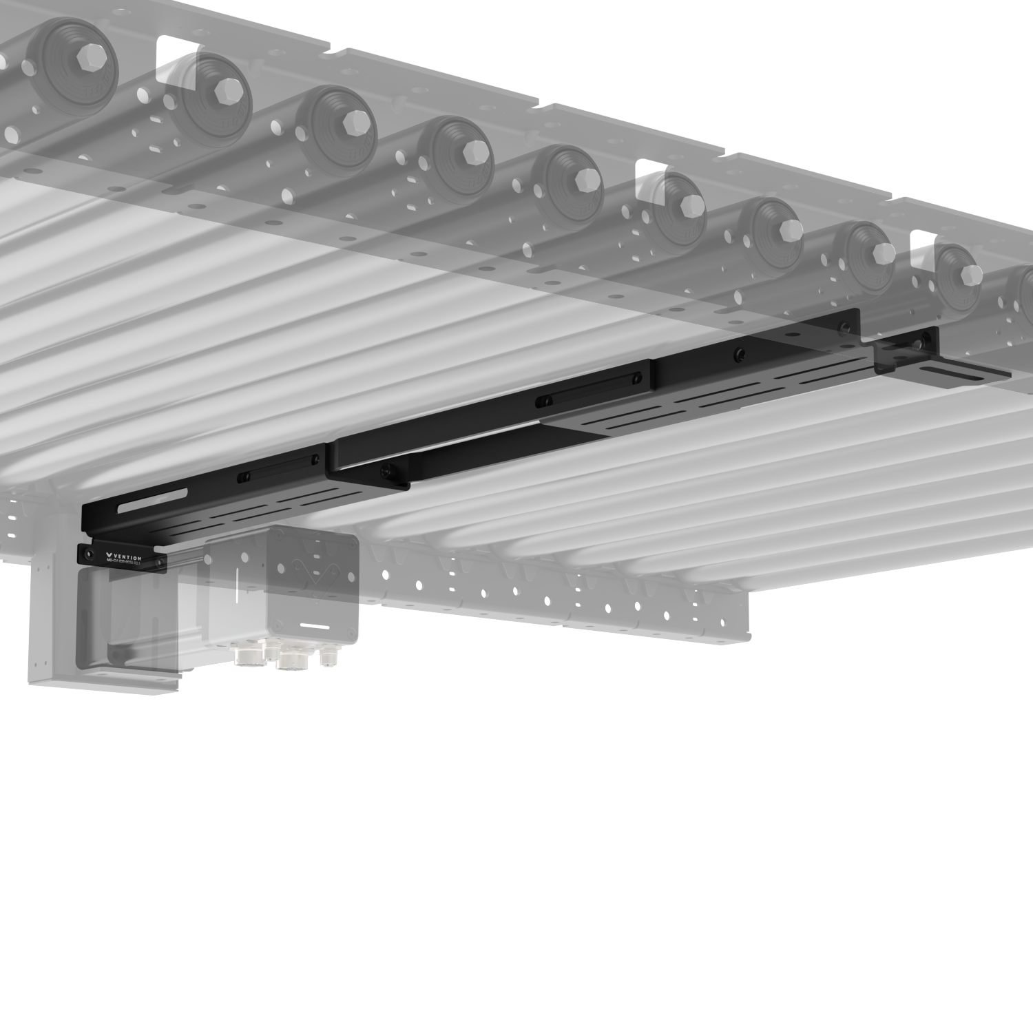 A detailed view of a mechanical assembly with rollers and a control unit underneath.